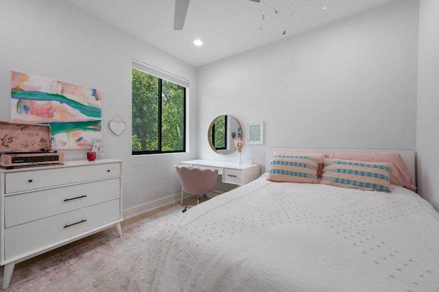 2935 Moss St Unit 1, Austin, TX 78722 - bedroom featuring baseboards, a ceiling fan, recessed lighting, and light wood-type flooring
