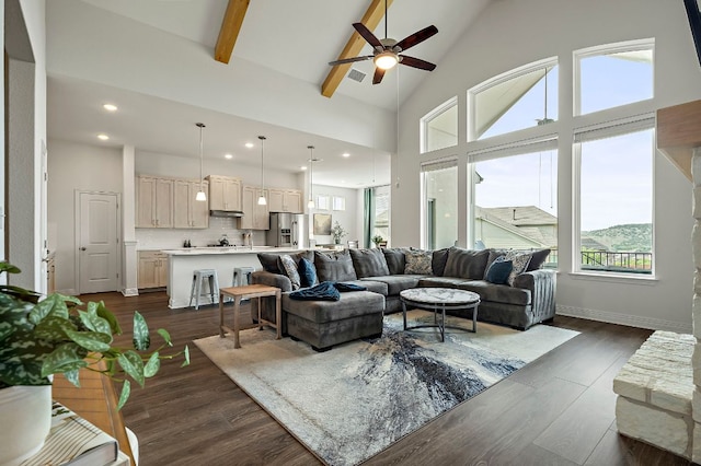 17720 Cain Clearing Pass, Austin, TX 78738 - living room featuring healthy amount of natural light, ceiling fan, dark wood-style floors, high vaulted ceiling, and recessed lighting
