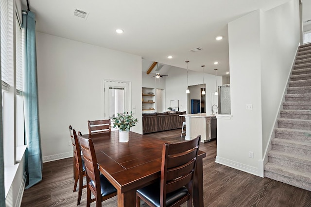 17720 Cain Clearing Pass, Austin, TX 78738 - dining space with stairs, dark wood finished floors, recessed lighting, and ceiling fan