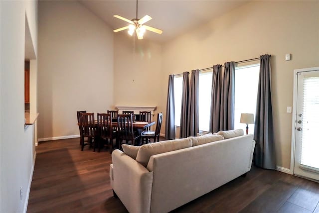 3707 Tall Cedars Rd, Cedar Park, TX 78613 - living area featuring dark wood finished floors, high vaulted ceiling, and a ceiling fan