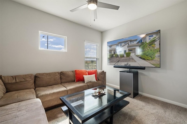 9502 Whisper Willow Blvd, Manor, TX 78653 - living room featuring a ceiling fan, carpet flooring, and baseboards