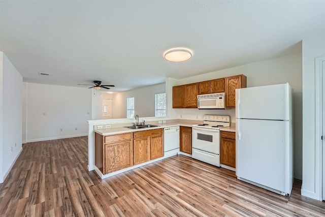 12404 Campana Dr, Del Valle, TX 78617 - kitchen featuring white appliances, a peninsula, light wood-style flooring, ceiling fan, and brown cabinetry