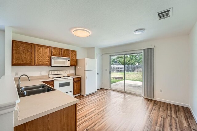 12404 Campana Dr, Del Valle, TX 78617 - kitchen featuring white appliances, brown cabinetry, light wood-style floors, and light countertops