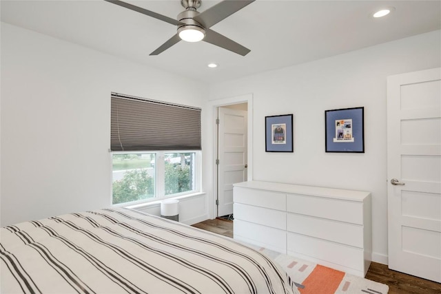 5205 Gladstone Dr, Austin, TX 78723 - bedroom featuring dark wood-style flooring, recessed lighting, baseboards, and a ceiling fan