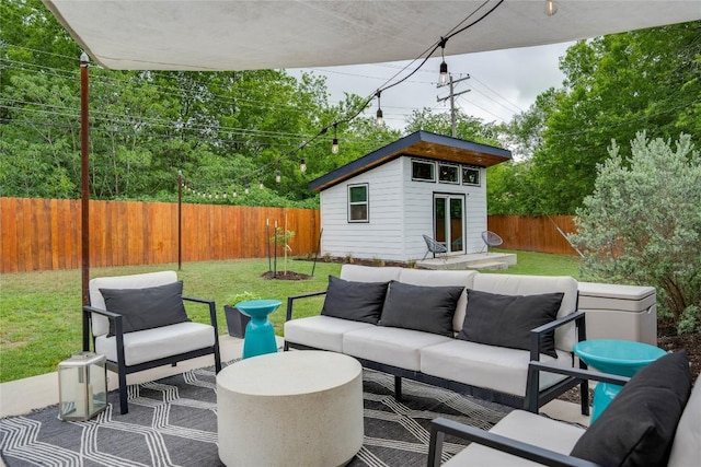 5205 Gladstone Dr, Austin, TX 78723 - view of patio featuring an outdoor structure and an outdoor hangout area
