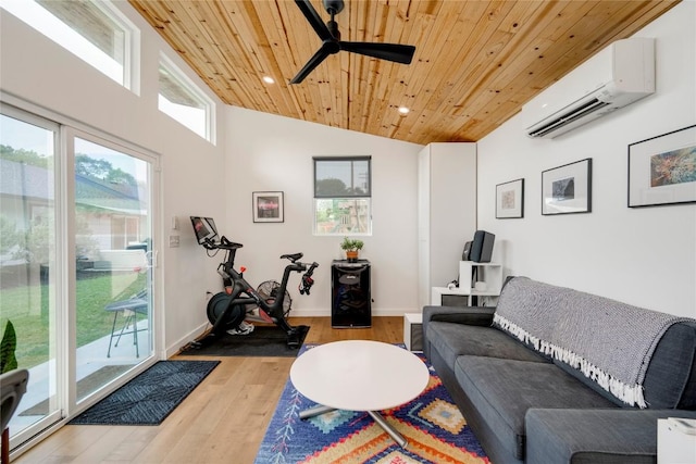5205 Gladstone Dr, Austin, TX 78723 - living area with wooden ceiling, ceiling fan, wood finished floors, a wall unit AC, and recessed lighting