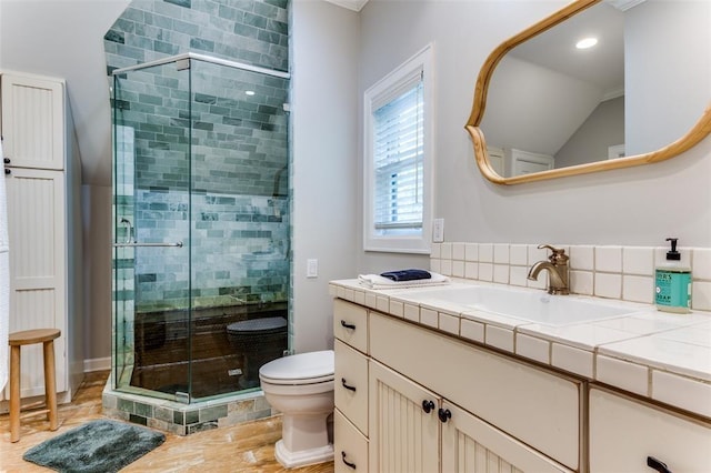 2113 Brooklyn St, Austin, TX 78704 - bathroom featuring vanity, a stall shower, wood finished floors, and tasteful backsplash