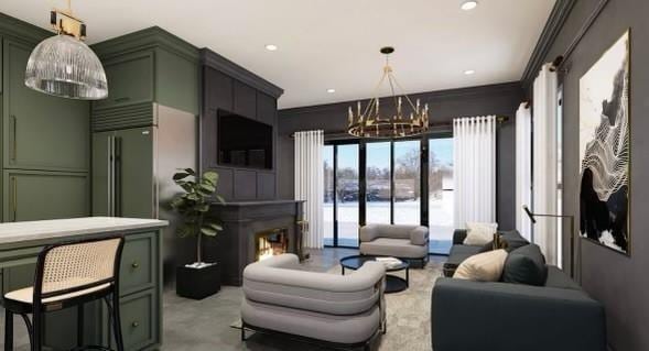 2113 Brooklyn St, Austin, TX 78704 - living area with a chandelier, a lit fireplace, and recessed lighting