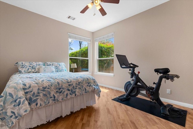 509 Oak Park Dr, Round Rock, TX 78681 - bedroom with wood finished floors, baseboards, and a ceiling fan
