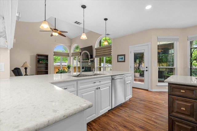 509 Oak Park Dr, Round Rock, TX 78681 - kitchen featuring stainless steel dishwasher, a sink, a ceiling fan, dark wood-style flooring, and healthy amount of natural light