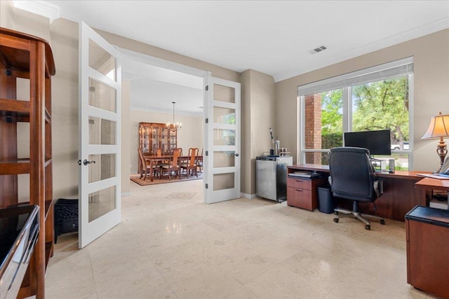 509 Oak Park Dr, Round Rock, TX 78681 - home office featuring french doors, a chandelier, crown molding, and baseboards