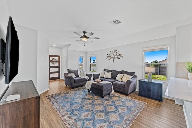 1003 Ascari Ct, Hutto, TX 78634 - living room featuring plenty of natural light, wood finished floors, a ceiling fan, and baseboards