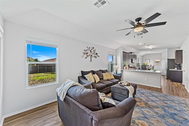 1003 Ascari Ct, Hutto, TX 78634 - living area featuring wood finished floors, plenty of natural light, a ceiling fan, baseboards, and lofted ceiling