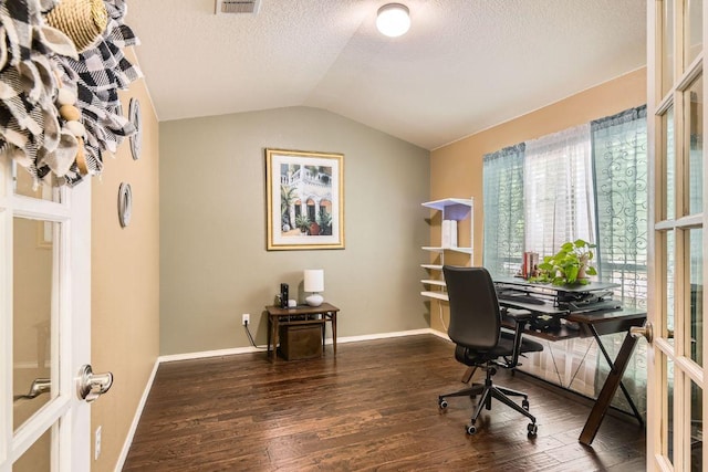 1007 Big Spring Dr, Cedar Park, TX 78613 - office area featuring wood finished floors, vaulted ceiling, baseboards, french doors, and a textured ceiling
