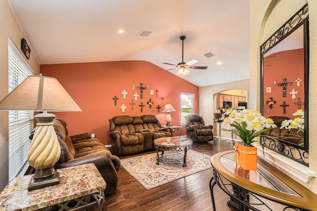 1007 Big Spring Dr, Cedar Park, TX 78613 - living area featuring arched walkways, lofted ceiling, ceiling fan, wood finished floors, and recessed lighting