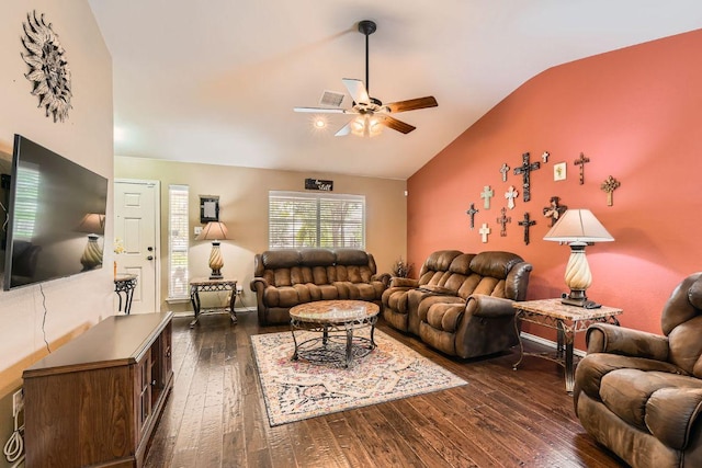 1007 Big Spring Dr, Cedar Park, TX 78613 - living area featuring a ceiling fan, lofted ceiling, and dark wood-style floors