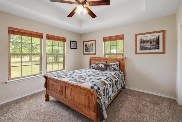 20217 Engelmann Ln, Manor, TX 78653 - carpeted bedroom with a tray ceiling, baseboards, and a ceiling fan
