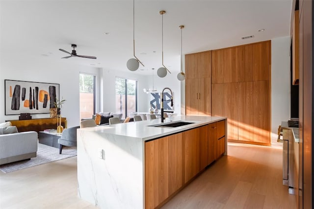 2807 Garwood St, Austin, TX 78702 - kitchen with modern cabinets, a sink, open floor plan, light wood-style floors, and light countertops