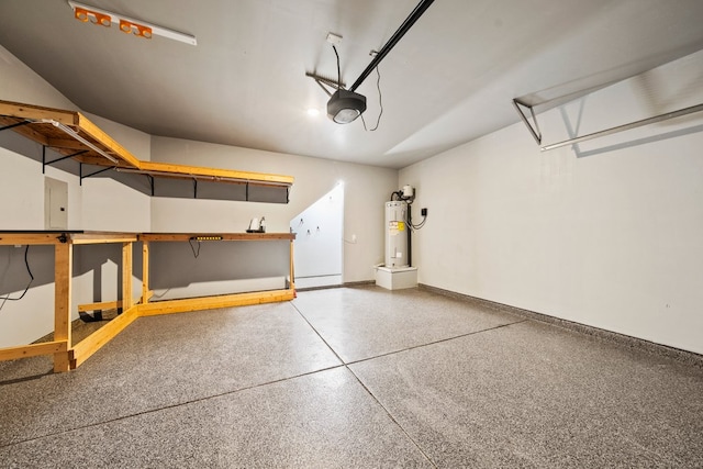 128 Rock Nettle, New Braunfels, TX 78130 - garage featuring water heater, a garage door opener, baseboards, and electric panel