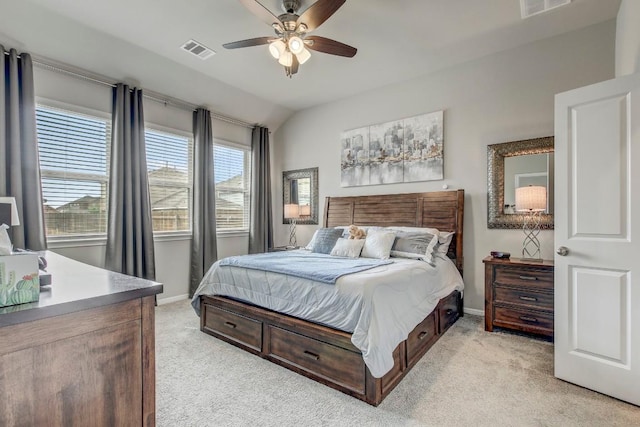 17101 Borromeo Ave, Pflugerville, TX 78660 - bedroom featuring light carpet, baseboards, lofted ceiling, and a ceiling fan