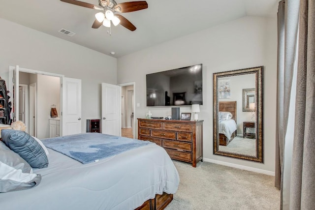 17101 Borromeo Ave, Pflugerville, TX 78660 - bedroom with light carpet, vaulted ceiling, baseboards, ceiling fan, and connected bathroom