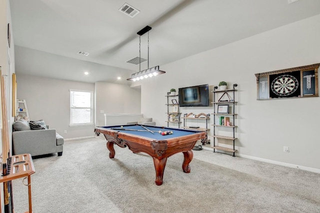 17101 Borromeo Ave, Pflugerville, TX 78660 - game room with pool table, baseboards, carpet, vaulted ceiling, and recessed lighting