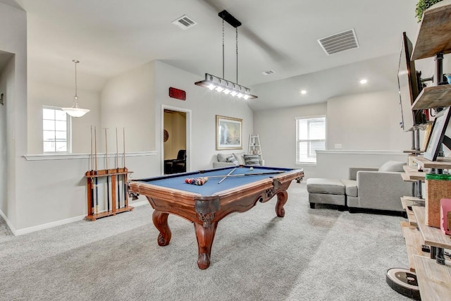 17101 Borromeo Ave, Pflugerville, TX 78660 - recreation room featuring billiards, recessed lighting, carpet floors, vaulted ceiling, and baseboards