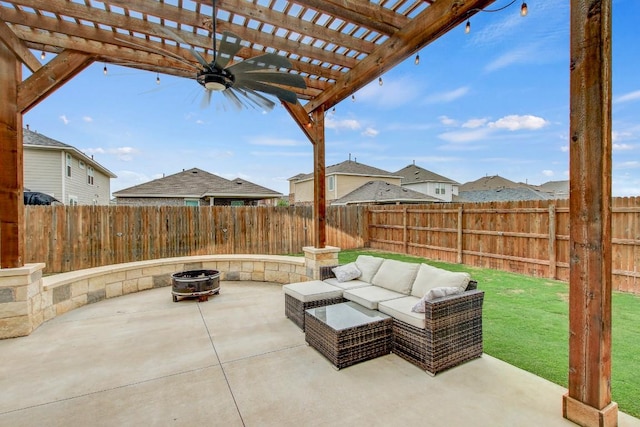 17101 Borromeo Ave, Pflugerville, TX 78660 - view of patio with a pergola and an outdoor living space with a fire pit