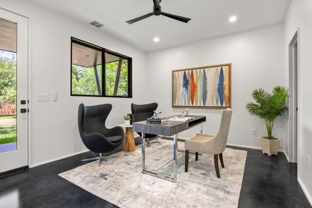 4506 Clawson Rd Unit 1, Austin, TX 78745 - office with healthy amount of natural light, a ceiling fan, recessed lighting, concrete floors, and baseboards