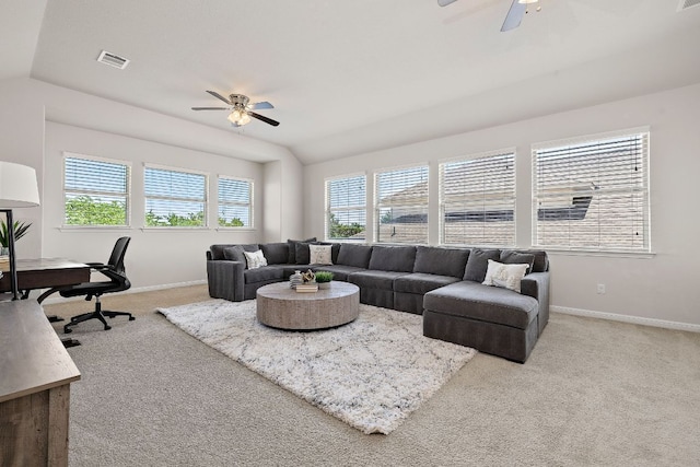 2313 Legend Hill Dr, Leander, TX 78641 - carpeted living room featuring ceiling fan and baseboards