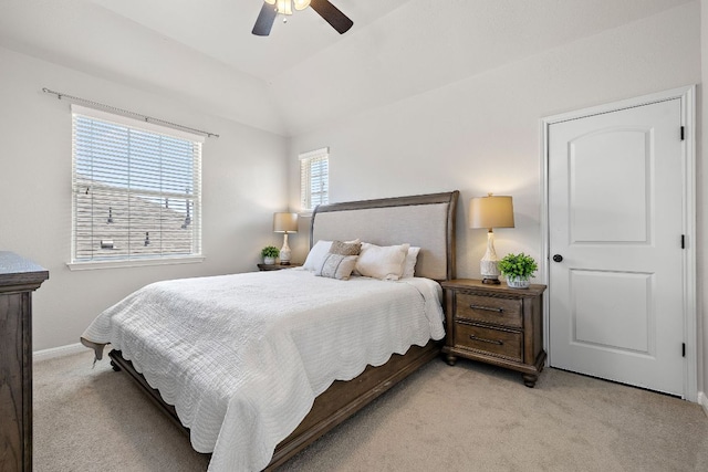 2313 Legend Hill Dr, Leander, TX 78641 - bedroom featuring light carpet, a ceiling fan, and vaulted ceiling