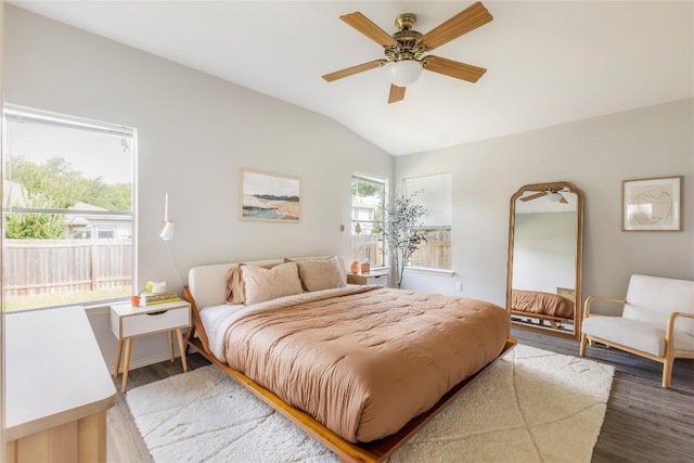 8908 Campo Verde Ct, Austin, TX 78749 - bedroom featuring lofted ceiling, wood finished floors, and a ceiling fan