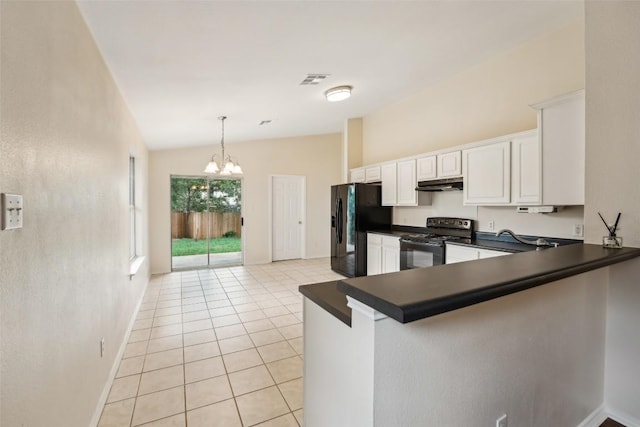 11201 Canterbury Tales Ln, Austin, TX 78748 - kitchen with black appliances, under cabinet range hood, lofted ceiling, dark countertops, and a chandelier