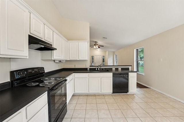 11201 Canterbury Tales Ln, Austin, TX 78748 - kitchen featuring black appliances, under cabinet range hood, a sink, dark countertops, and lofted ceiling