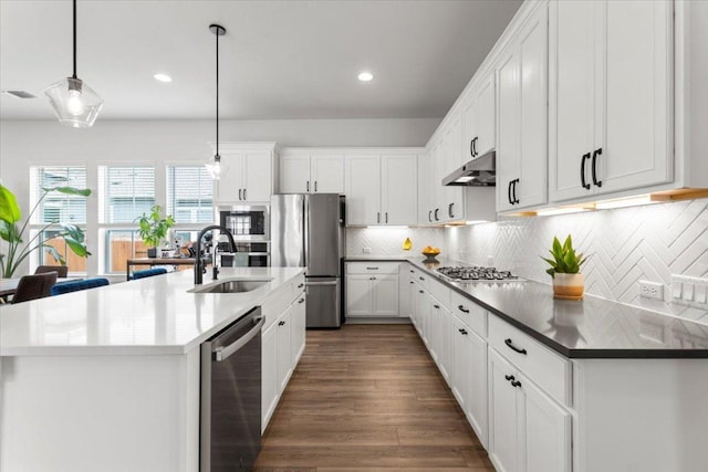 8904 Apogee Blvd, Austin, TX 78744 - kitchen featuring stainless steel appliances, a sink, under cabinet range hood, backsplash, and white cabinets