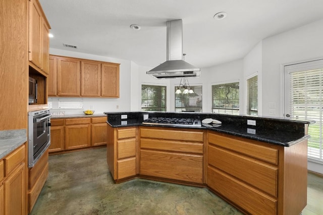 400 S Sledge St, Kyle, TX 78640 - kitchen featuring range hood, appliances with stainless steel finishes, concrete flooring, dark stone countertops, and recessed lighting