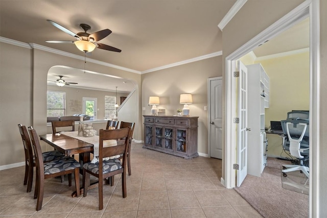 3517 Shellcastle Ln, Round Rock, TX 78681 - dining area with ceiling fan, ornamental molding, light tile patterned floors, and an office area