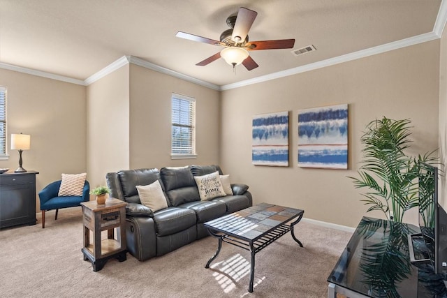 3517 Shellcastle Ln, Round Rock, TX 78681 - living area featuring light colored carpet, a ceiling fan, and ornamental molding