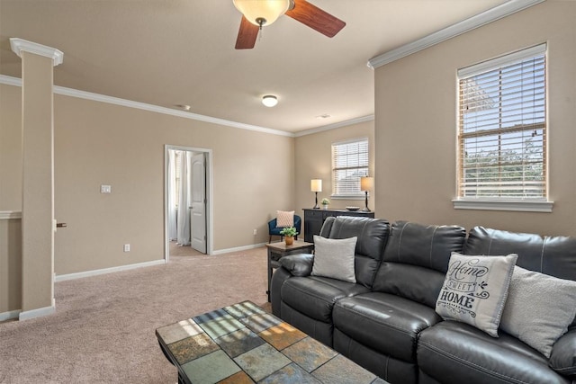 3517 Shellcastle Ln, Round Rock, TX 78681 - living area with ornamental molding, light colored carpet, and ceiling fan