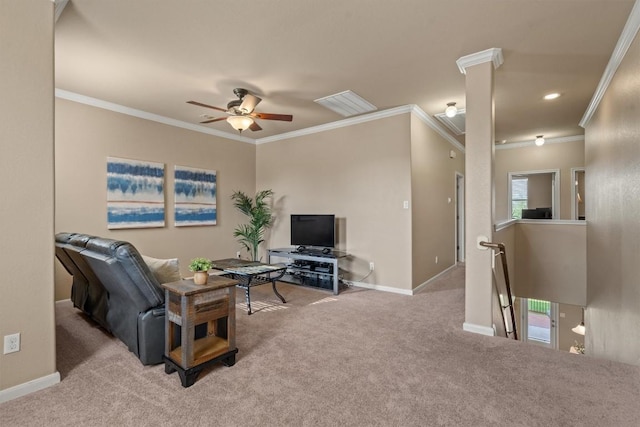 3517 Shellcastle Ln, Round Rock, TX 78681 - living area featuring carpet flooring, ceiling fan, and ornamental molding