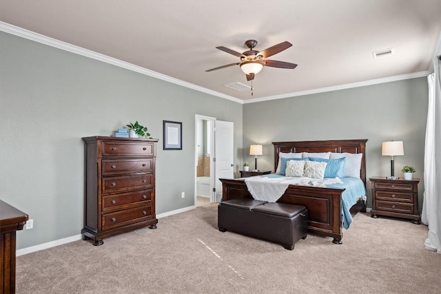 3517 Shellcastle Ln, Round Rock, TX 78681 - bedroom with crown molding, light carpet, ceiling fan, and ensuite bathroom