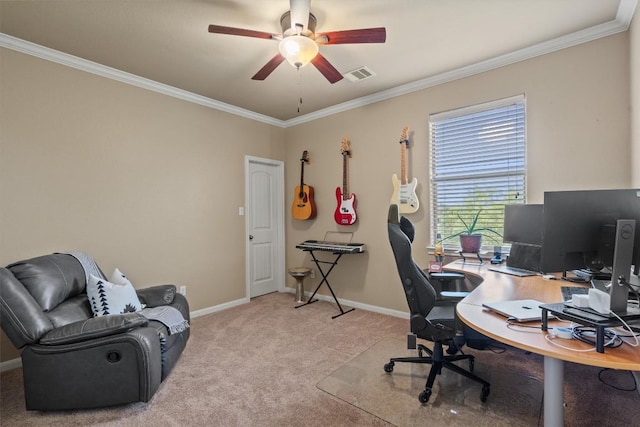 3517 Shellcastle Ln, Round Rock, TX 78681 - home office featuring a ceiling fan, ornamental molding, and light colored carpet