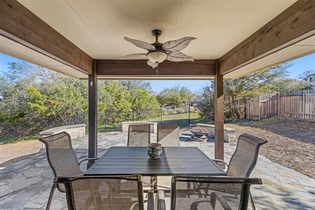 5501 Wild Foxglove Rd, Spicewood, TX 78669 - fenced backyard with a patio area, a ceiling fan, and outdoor dining space