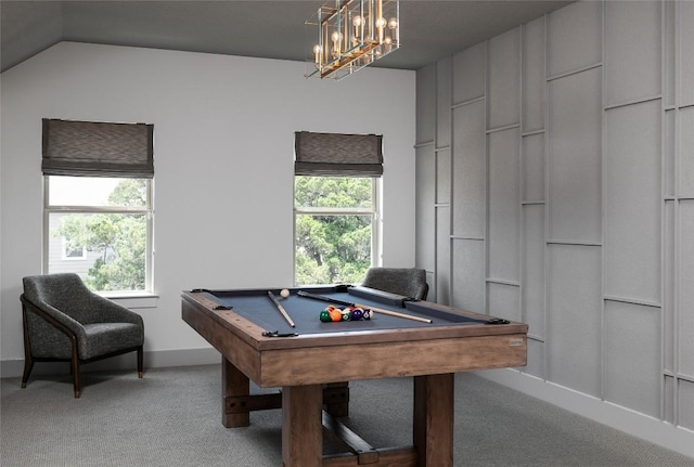 225 Hazy Hills Loop, Dripping Springs, TX 78620 - playroom with billiards, light carpet, a chandelier, baseboards, and vaulted ceiling