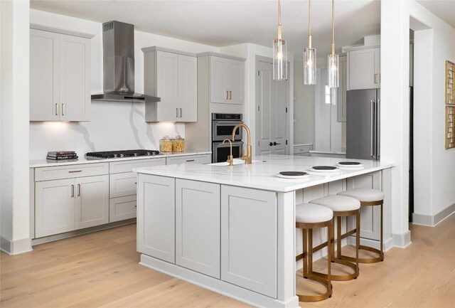 225 Hazy Hills Loop, Dripping Springs, TX 78620 - kitchen featuring wall chimney range hood, appliances with stainless steel finishes, light wood-style flooring, a breakfast bar, and hanging light fixtures