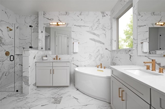 225 Hazy Hills Loop, Dripping Springs, TX 78620 - bathroom with a marble finish shower, two vanities, marble finish floors, a freestanding bath, and tile walls