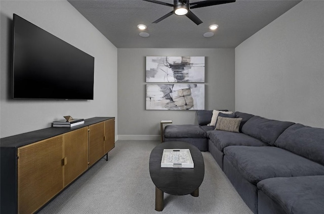 225 Hazy Hills Loop, Dripping Springs, TX 78620 - living room featuring light carpet, ceiling fan, baseboards, and recessed lighting