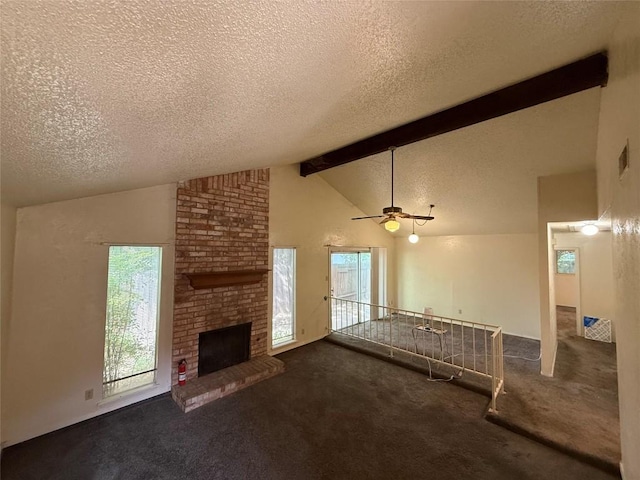 10502 Golden Meadow Dr, Austin, TX 78758 - unfurnished living room with plenty of natural light, carpet flooring, a textured ceiling, a brick fireplace, and ceiling fan