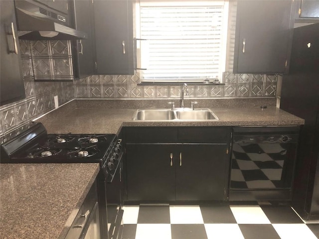 2403 Sherwood Ln, Austin, TX 78704 - kitchen with black appliances, a sink, under cabinet range hood, tile patterned floors, and dark countertops