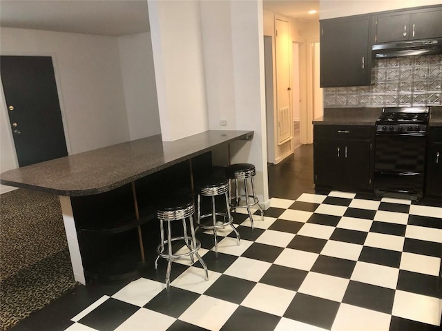 2403 Sherwood Ln, Austin, TX 78704 - kitchen with gas stove, under cabinet range hood, dark floors, dark countertops, and backsplash